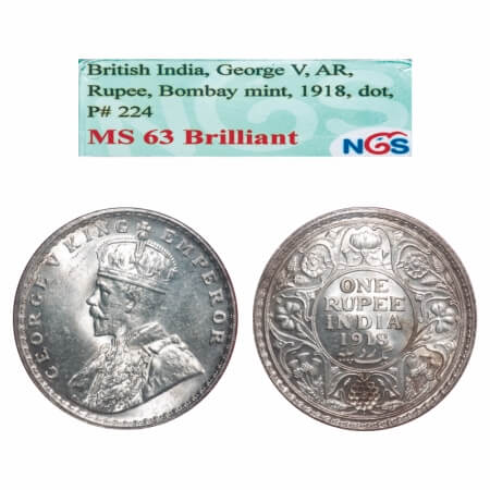 George V, Silver, Rupee, 1918, Bombay Mint, Dot. F. Prid. 224. GK 1038. NGS Slabbed MS 62
