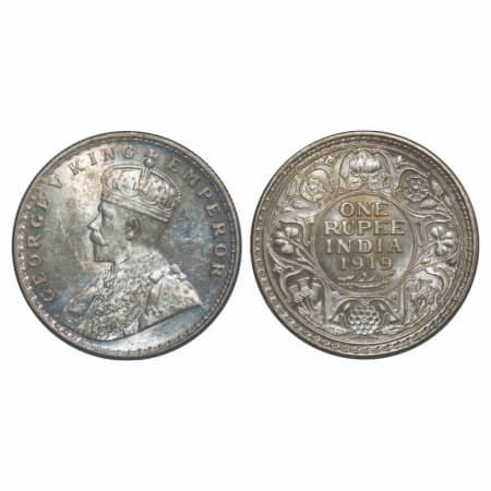 George V, Silver, Rupee, 1919, Calcutta Mint, No dot. F. Prid 215. GK 1039. Mint State, To
