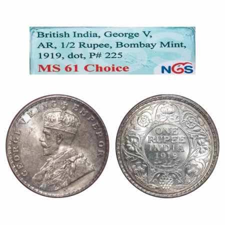 George V, Silver, Rupee, 1919, Bombay Mint, Dot. F. Prid. 225. GK 1040. NGS Slabbed MS 61 