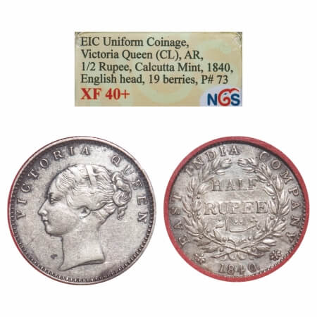Victoria Queen, Silver, Half Rupee, 1840, CL, Calcutta Mint, A/I, English Head, Wreath wit