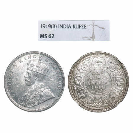 George V, Silver, Rupee, 1919, Bombay Mint, Dot. F. Prid 225. GK 1040. NGC Slabbed MS 62. 