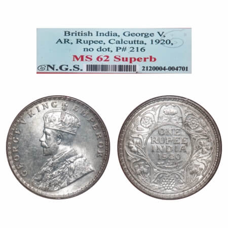 George V, Silver, Rupee, 1920, Calcutta Mint, No dot. F. Prid. 216. GK 1041. NGS Slabbed M
