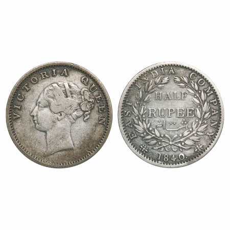 Victoria Queen, Silver, Half Rupee, 1840, CL, B/I, Indian Head, Wreath with 19 Berries (9L