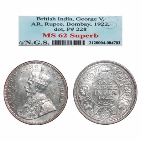 George V, Silver, Rupee, 1922, Bombay Mint, Dot. F. Prid. 228. GK 1044. NGS Slabbed MS 62