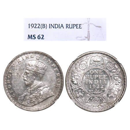 George V, Silver, Rupee, 1922, Bombay Mint, Dot. F. Prid. 228. GK 1044. NGC Slabbed MS 62.