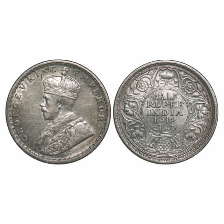 George V, Silver, Half Rupee, 1912, Calcutta Mint, No dot, Re-Drawn Elephant. F. Prid 319.