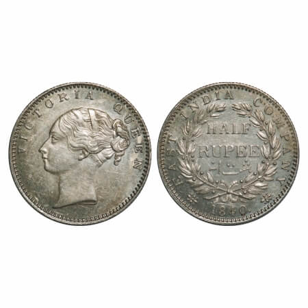 Victoria Queen, Silver, Half Rupee, 1840, CL, Bombay Mint, A/I, English Head, Wreath with 
