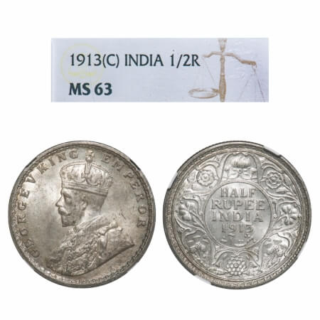 George V, Silver, Half Rupee, 1913, Calcutta Mint, No dot. F. Prid 320. GK 1048. NGC Slabb