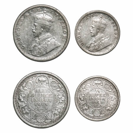 George V, Silver, Half Rupee, 1/4 Rupee, 1913 (2 coins), 1) Bombay Mint, Dot, 2) Calcutta 