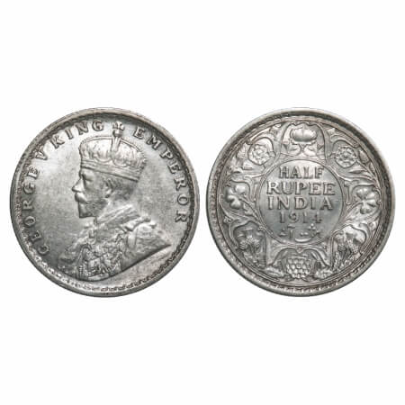 George V, Silver, Half Rupee, 1914, Calcutta Mint, No dot. F. Prid 321. GK 1050. Extremely