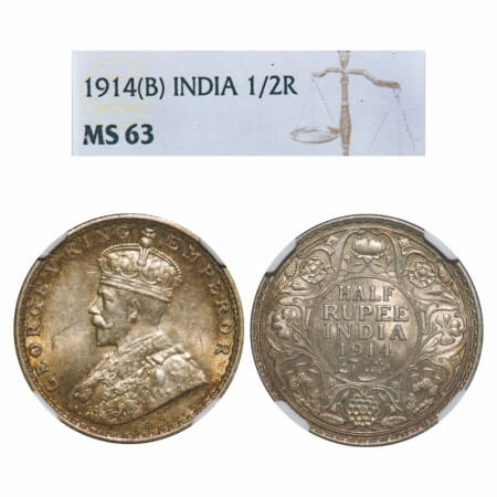 George V, Silver, Half Rupee, 1914, Bombay Mint, Dot. F. Prid 338. GK 1051. NGC Slabbed MS