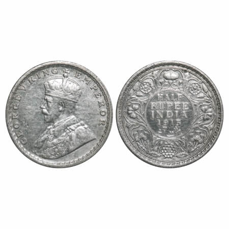 George V, Silver, Half Rupee, 1915, Calcutta Mint, No dot. F. Prid 322. GK 1052. Extremely