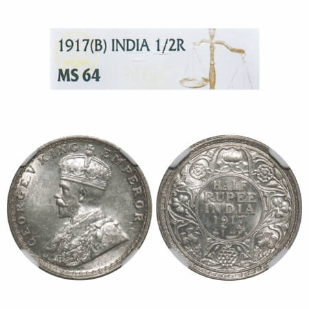 George V, Silver, Half Rupee, 1917, Bombay Mint, Dot. F. Prid 341. GK 1055. NGC Slabbed MS