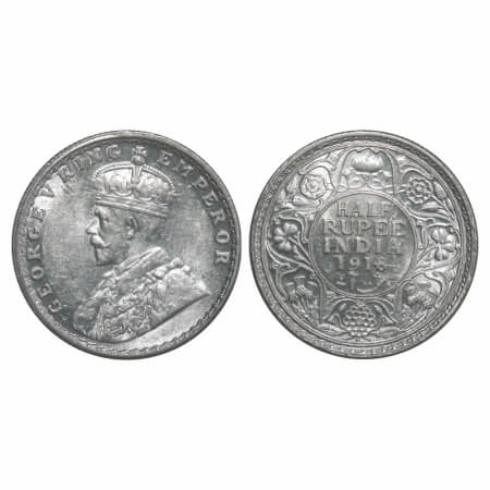 George V, Silver, Half Rupee, 1918, Bombay Mint, Dot, Ghost on Rev. F. Prid 342. GK 1056. 