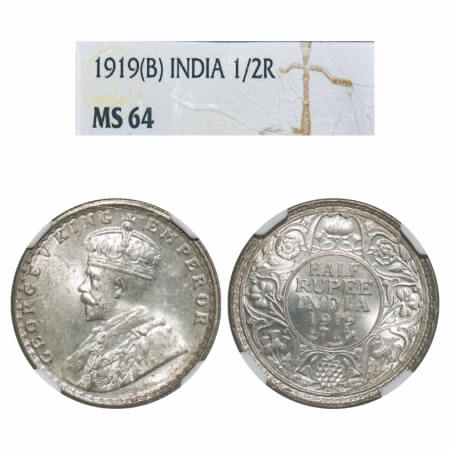George V, Silver, Half Rupee, 1919, Bombay Mint, Dot. F. Prid 343. GK 1057. NGC Slabbed MS