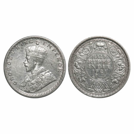 George V, Silver, Half Rupee, 1921, Calcutta Mint, No dot. F. Prid 324. GK 1058. Extremely