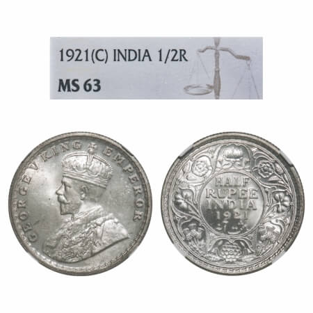 George V, Silver, Half Rupee, 1921, Calcutta Mint, No dot. F. Prid 324. GK 1058. NGC Slabb