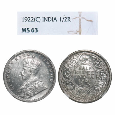 George V, Silver, Half Rupee, 1922, Calcutta Mint, No dot. F. Prid325. GK 1059. NGC Slabbe