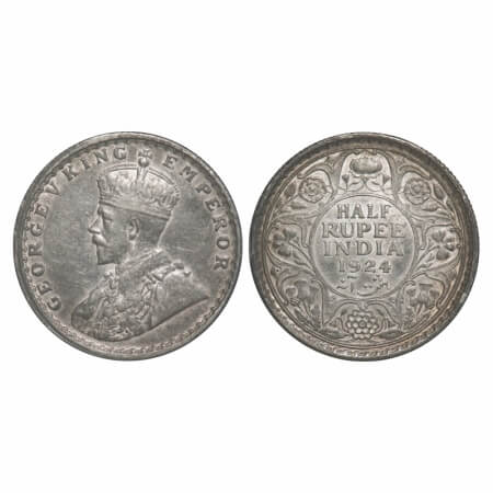 George V, Silver, Half Rupee, 1924, Calcutta Mint, No dot. F. Prid 327. GK 1063. Extremely
