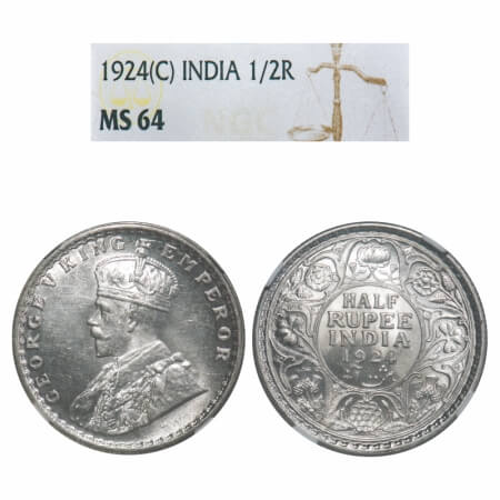 George V, Silver, Half Rupee, 1924, Calcutta Mint, No dot. F. Prid 327. GK 1063. NGC Slabb
