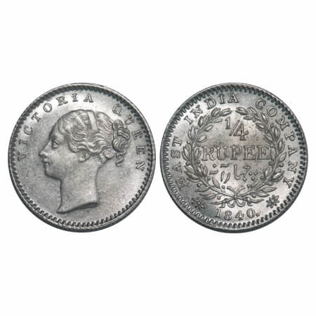 Victoria Queen, Silver, 1/4 Rupee, 1840, CL, Calcutta Mint, A/I, English Head, Wreath with