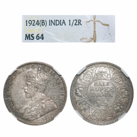 George V, Silver, Half Rupee, 1924, Bombay Mint, Dot. F. Prid 346. GK 1064. NGC Slabbed MS