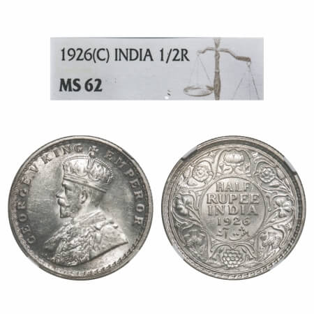 George V, Silver, Half Rupee, 1926, Calcutta Mint, No dot. F. Prid 329. GK 1067. NGC Slabb