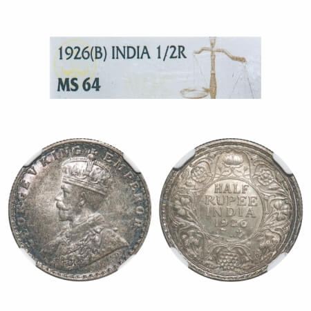 George V, Silver, Half Rupee, 1926, Bombay Mint, Dot. F. Prid 348. GK 1068. NGC Slabbed MS
