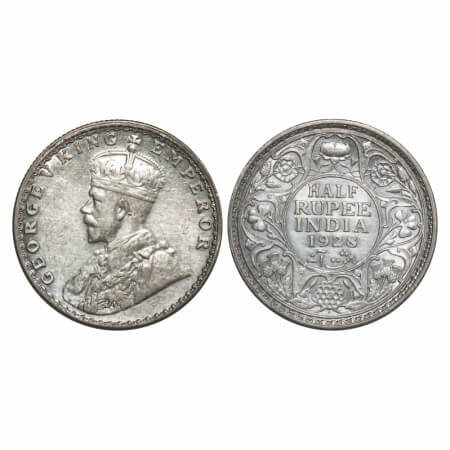 George V, Silver, Half Rupee, 1928, Bombay Mint, Dot. F. Prid 349. GK 1070. About Uncircul