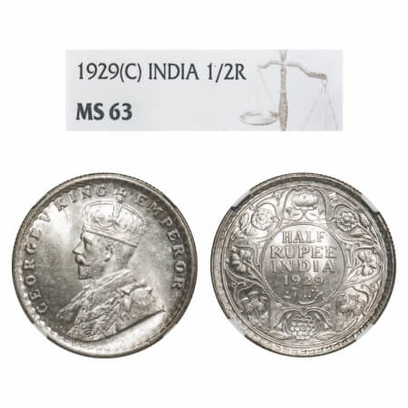 George V, Silver, Half Rupee, 1929, Calcutta Mint, No dot. F. Prid 331. GK 1071. NGC Slabb