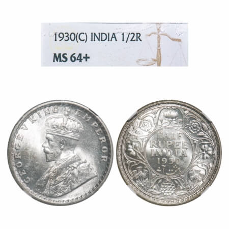 George V, Silver, Half Rupee, 1930, Calcutta Mint, No dot. F. Prid 332. GK 1072. NGC Slabb
