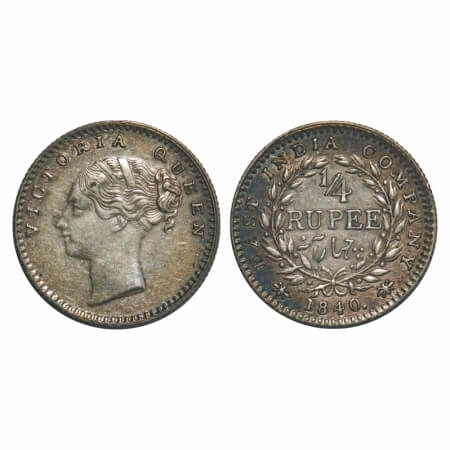 Victoria Queen, Silver, 1/4 Rupee, 1840, CL, Calcutta Mint, A/I, English Head, Wreath with