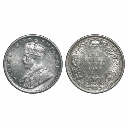 George V, Silver, Half Rupee, 1933, Calcutta Mint, No dot. F. Prid 333. GK 1073. Almost Un