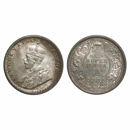 George V, Silver, Half Rupee, 1933, Calcutta Mint, No dot. F. Prid 333. GK 1073. About Unc