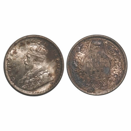 George V, Silver, Half Rupee, 1933, Calcutta Mint, No dot. F. Prid 333. GK 1073. Uncircula