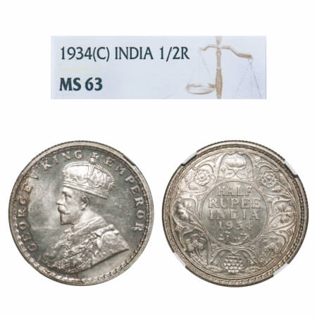 George V, Silver, Half Rupee, 1934, Calcutta Mint, No dot. F. Prid 334. GK 1074. NGC Slabb