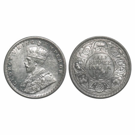 George V, Silver, Half Rupee, 1934, Calcutta Mint, No dot. F. Prid 334. GK 1074. About Unc
