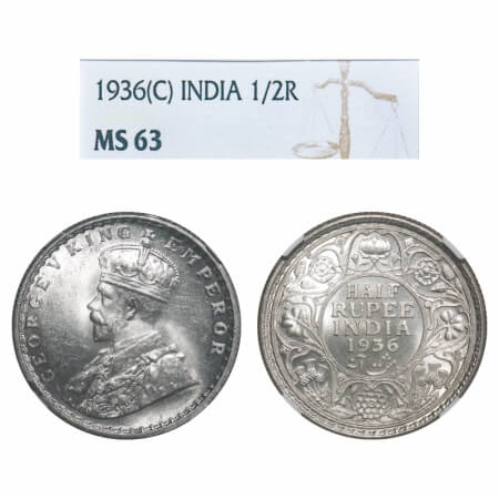 George V, Silver, Half Rupee, 1936, Calcutta Mint, No dot. F. Prid 335. GK 1075. NGC Slabb