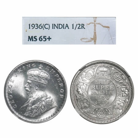 George V, Silver, Half Rupee, 1936, Calcutta Mint, No dot. F. Prid 335. GK 1075. NGC Slabb