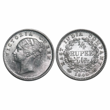 Victoria Queen, Silver, 1/4 Rupee, 1840, CL, Calcutta Mint, A/I, English Head, Wreath with