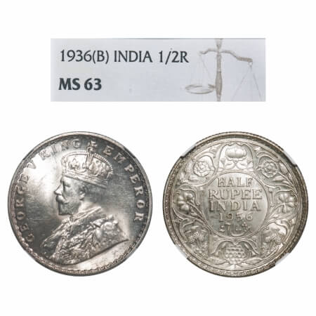 George V, Silver, Half Rupee, 1936, Bombay Mint, Dot. F. Prid 350. GK 1076. NGC Slabbed MS