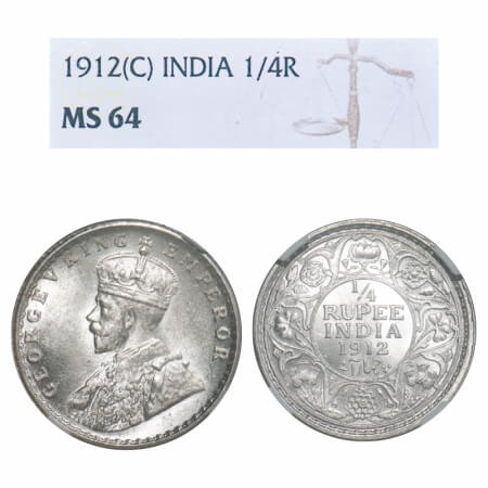 George V, Silver, 1/4 Rupee, 1912, Calcutta Mint, No dot, Re-Drawn Elephant. F. Prid 441.
