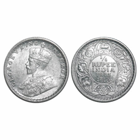 George V, Silver, 1/4 Rupee, 1913, Calcutta Mint, No dot. F. Prid 442. GK 1083. About Unci
