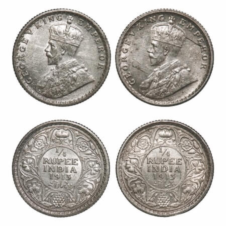 George V, Silver, 1/4 Rupee, (2 coins), 1913, Calcutta Mint, No dot. F. Prid 442(2). GK 10