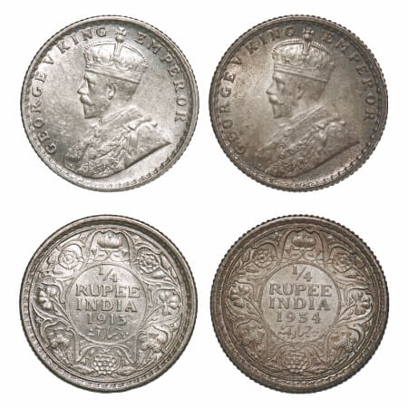 George V, Silver, 1/4 Rupee, (2 coins), 1913, 1934, Calcutta Mint, No dot. F. Prid 442, 45
