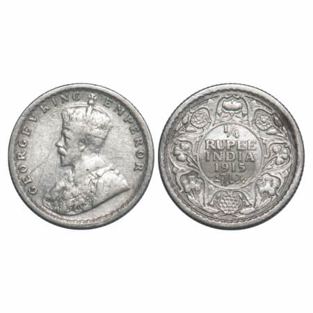 George V, Silver, 1/4 Rupee, 1915, Calcutta Mint, No dot. F. Prid 444. GK 1087. Very Fine.