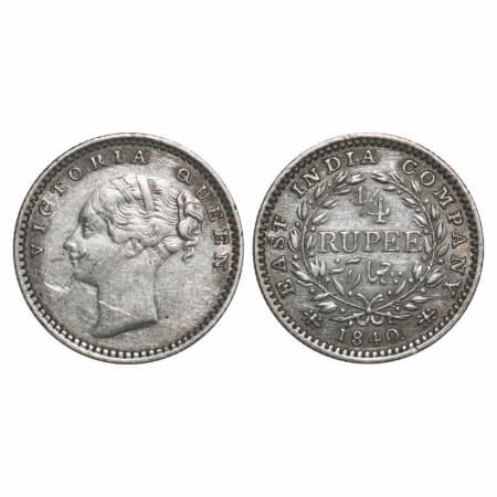 Victoria Queen, Silver, 1/4 Rupee, 1840, CL, Madras Mint, A(a)/I, 'S' incused, Normal 'S'.