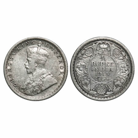 George V, Silver, 1/4 Rupee, 1915, Calcutta Mint, No dot. F. Prid 444. GK 1087. Very Fine+