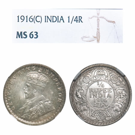 George V, Silver, 1/4 Rupee, 1916, Calcutta Mint, No dot. F. Prid 445. GK 1089. NGC Slabbe