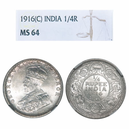 George V, Silver, 1/4 Rupee, 1916, Calcutta Mint, No dot. F. Prid 445. GK 1089. NGC Slabbe